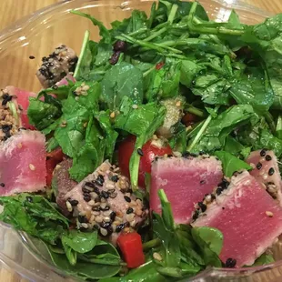 Arugula salad, chopped, and with seared tuna.