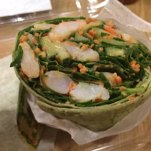 Thai shrimp wrap on spinach wrap