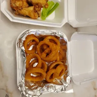 Onion Rings and Garlic Parmesan Wings