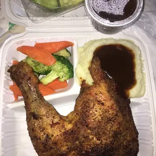 Wednesday special. Baked chicken leg, extra gravy, mashed potato's, side salad &amp; veggies!!