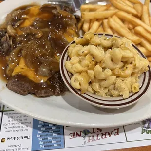 Chopped Sirloin, Mac and Cheese and French fries
