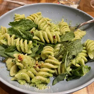 Fusilli, Spring Crema, Parm, Pea Shoots, Toasted Garlic, Chili Oil