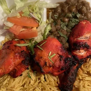 Chicken kabob over rice with Chana