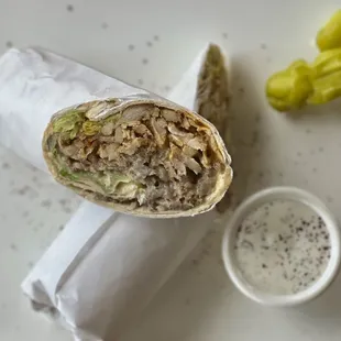 Wrap Mix of lamb-beef and chicken gyros. with Salad, Hummus &amp; Sauce Inside.