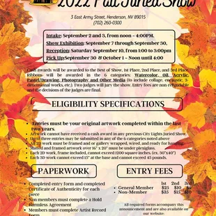 Fall Juried Art Show.  Art Intake 09/02 and 09/03 from 12 to 4 pm.  Reception Saturday 09/10 from 1 to 3 pm. 
 citylightsartgallery.com