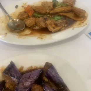 Eggplant w basal sauce.  Tofu lunch special.