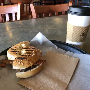 Southern Bagel - egg, bacon, sausage, cheese. And a large coffee.