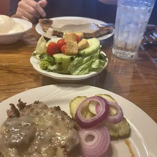 Burger no bun he had the one lb chicken fried steak