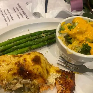 Salmon imperial, loaded mash potatoes and asparagus