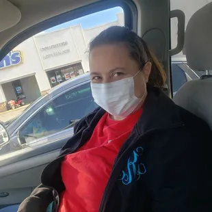 a woman wearing a face mask