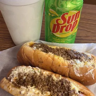 2 Chili, slaw, and mustard dogs and a sun drop