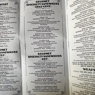 a menu for special sandwiches