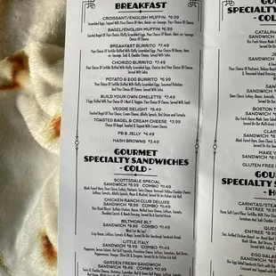 a menu for breakfast