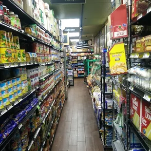 a wide aisle of food items