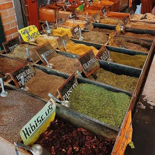 a variety of spices in bins
