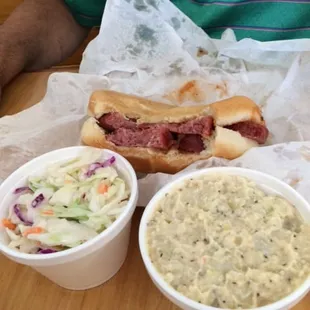 Sausage sandwich, potato salad and cole slaw,all good!