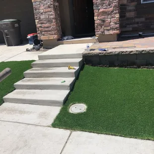 Front yard steps and Artificial turf