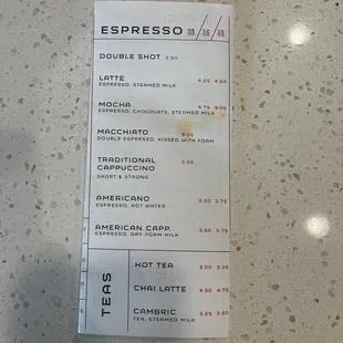 Espresso menu