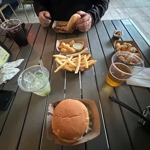 Mule, burger, fries, Fried Cheese curds, Loaded Pots, beer!