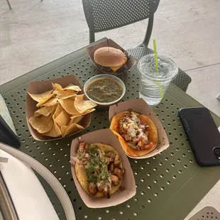 Cheese burger, Taco Chicken Al Pastor City Secret Garden Taco, Salsa and Chips (tomatillo)