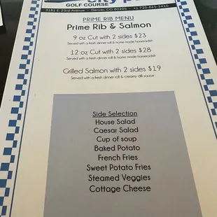 Prime Rib Night menu