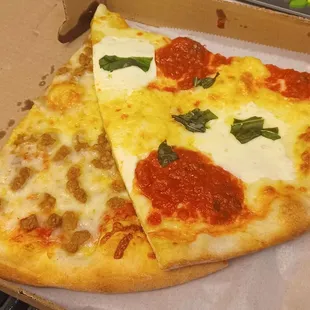 Margherita and sausage slices; about $3.50/slice (February 2024)