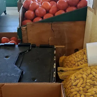boxes of tomatoes and onions