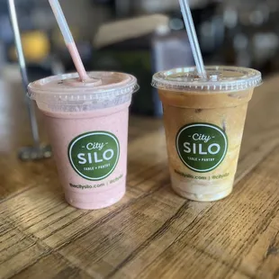 Jamin Smoothie w/ protein powder on the left Iced Latte w/Almond milk w/Vanilla extract on the right