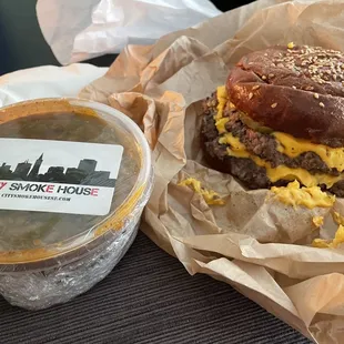 Double cheeseburger and baked beans