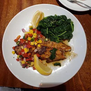 Cajun Walleye with spinach and white rice