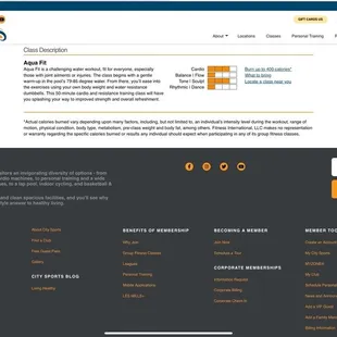 City Sport's website description of their aqua aerobic class. Note the pool temperature.