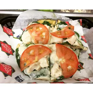 Chicken Pesto Pizza! Grilled chicken breast,  Pesto sauce, Organic Spinach, Provolone Cheese, Roma tomato, on Greek Pita!!!