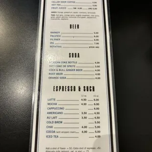 Drink menu (non alcoholic)