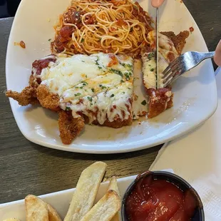 Chicken parm with Angel hair pasta.
