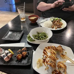 From Top, down: BBQ Spicy Chicken Teriyaki Plate, Garlic Edamame, 7. Forever with You Roll, Eel Sushi, Octopus Sushi