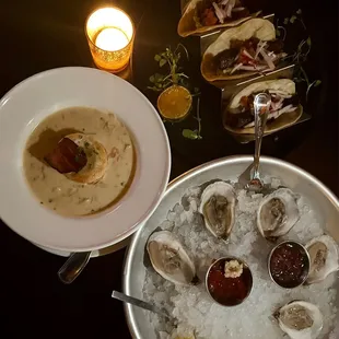 New England Clam Chowder Soup, Steak Tacos, Oysters