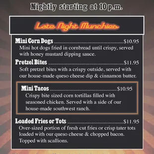Late Night Menu as of 1-15-24