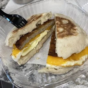 English muffin breakfast sandwich with sausage. So good and made fresh.