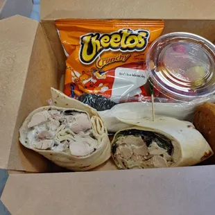 Chicken salad wrap, fruit, cookie, chips!