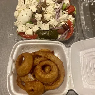Onion rings and Greek Salad
