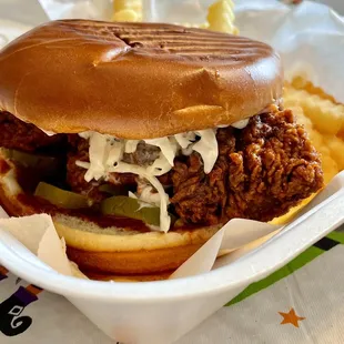 Nashville Hot Chicken with Coleslaw and Fries . Outstanding. Must try!  (P.S. get lots of napkins )