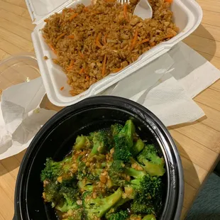 Chicken fried rice and broccoli with oyster sauce