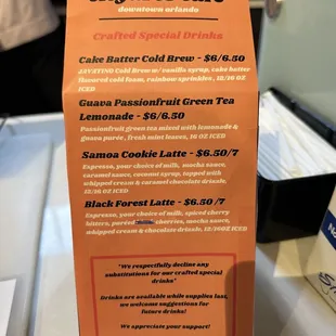 Crafted special drinks menu