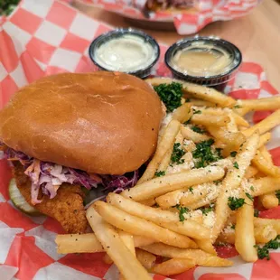 Citybird sandwich meal with fries and lemon thyme ranch sauce