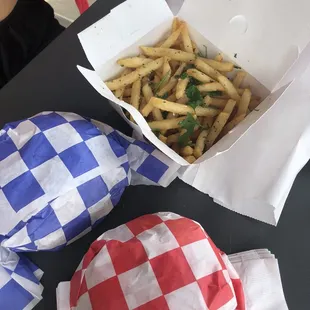 Two sandwiches and one fry