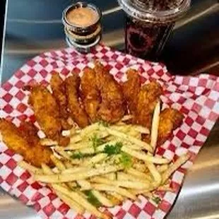 Chicken tenders and Parmesan fries with the City Sauce.