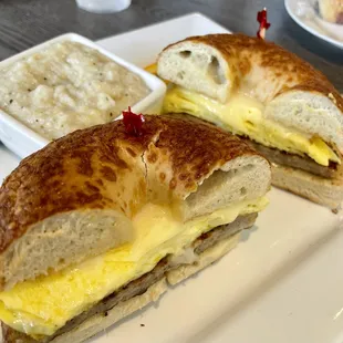 Egg, sausage, &amp; cheese on an Asiago bagel with stone ground grits on the side - outstanding!