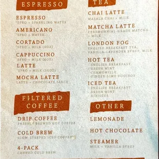 Drinks menu
