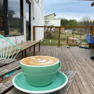 a cup of coffee on a wooden table