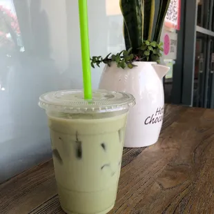 Iced matchq latte with almond milk
